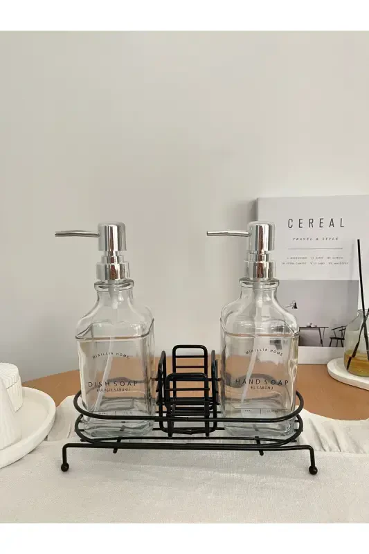 Stand-Up Liquid Soap Dispenser Set - Stand-Up Soap Dish - Metal Stand-Up Soap Dish - Glass - 3