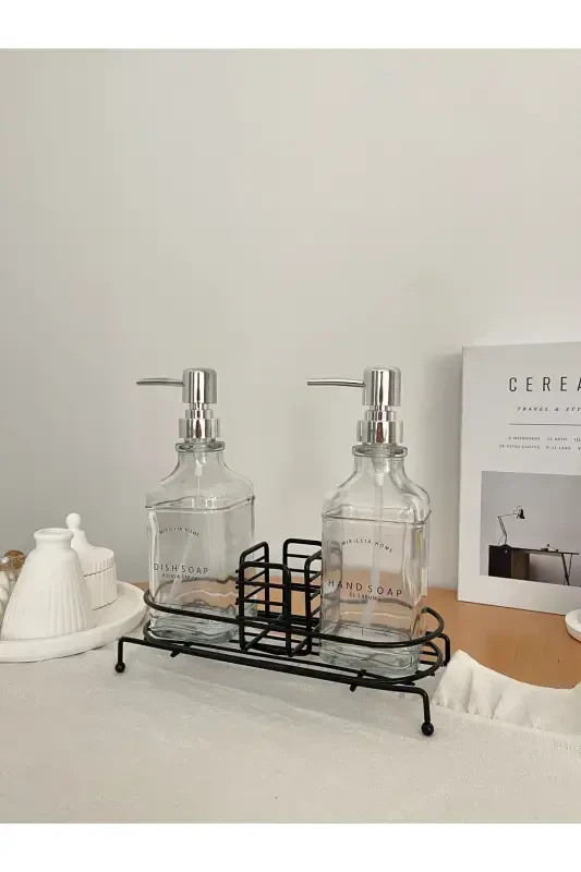 Stand-Up Liquid Soap Dispenser Set - Stand-Up Soap Dish - Metal Stand-Up Soap Dish - Glass - 4