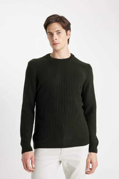 Standard Fit Crew Neck Jacquard Knit Pullover Dark Green - 1