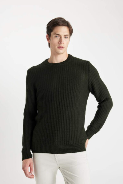 Standard Fit Crew Neck Jacquard Knit Pullover Dark Green - 3