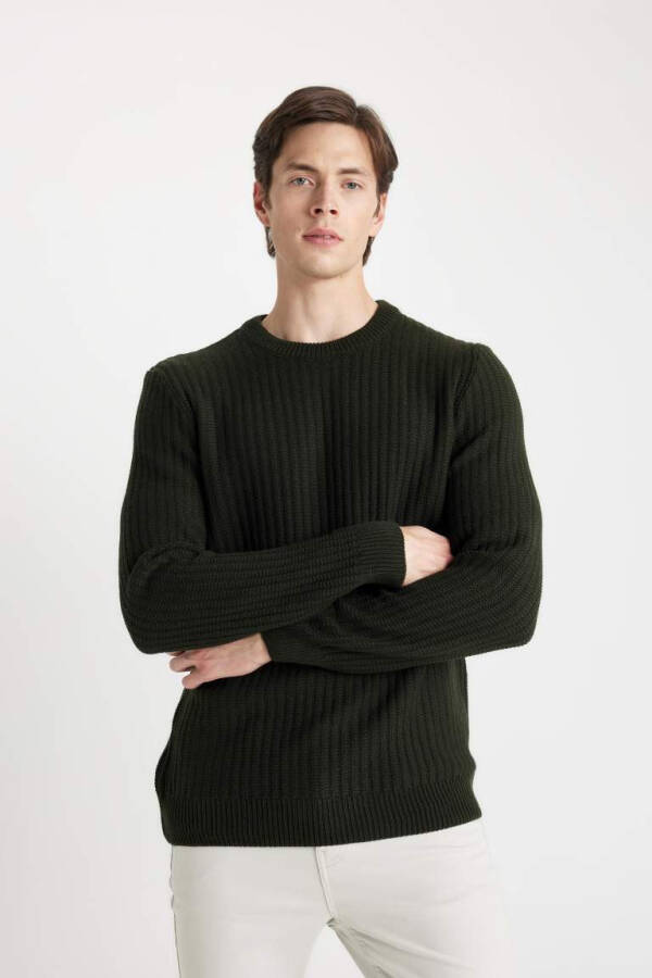 Standard Fit Crew Neck Jacquard Knit Pullover Dark Green - 4