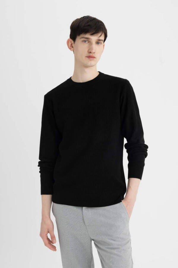 Standard Fit Crew Neck Pointelle Patterned Knitted Sweater Black - 3