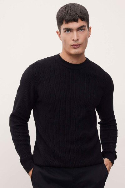 Standard Fit Crew Neck Pointelle Patterned Knitted Sweater Black - 9