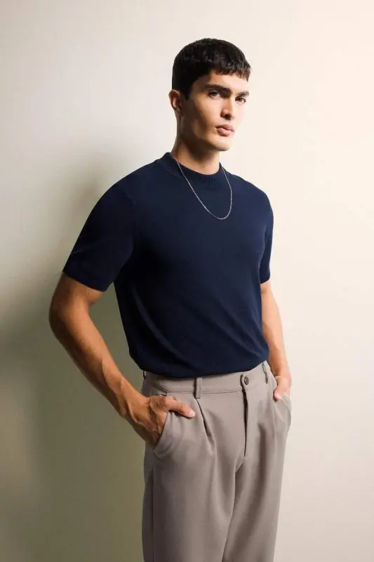 Standard Fit Crew Neck Short Sleeve Knit T-Shirt-Navy Blue - DEFACTO