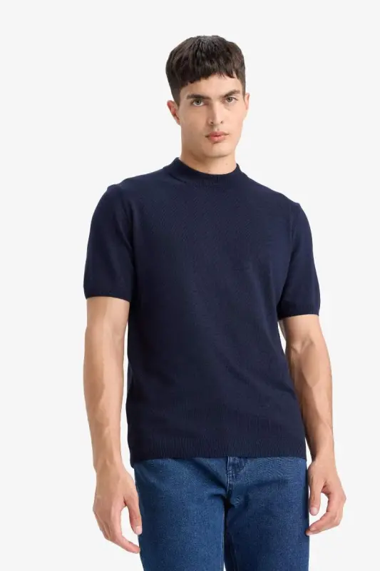 Standard Fit Crew Neck Short Sleeve Knit T-Shirt-Navy Blue - 5