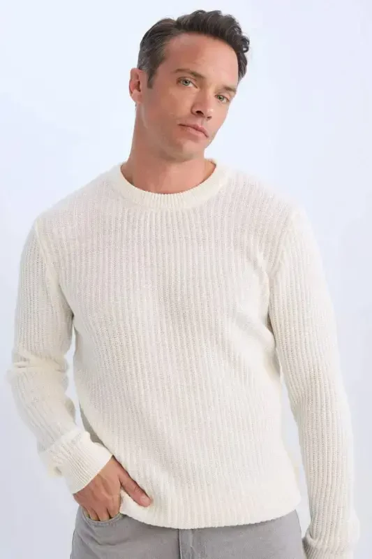 Standard Fit Crew Neck Textured Knit Sweater Ecru - DEFACTO