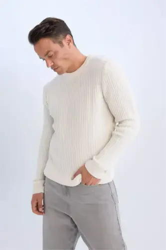 Standard Fit Crew Neck Textured Knit Sweater Ecru - DEFACTO (1)