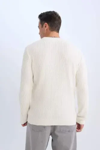 Standard Fit Crew Neck Textured Knit Sweater Ecru - 3