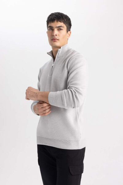 Standard Fit Crew Neck Zippered Sweatshirt Light Grey - 13