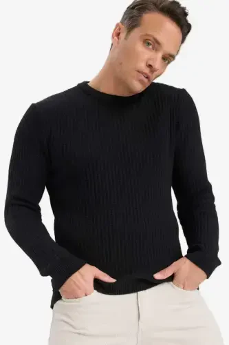 Standard Fit Crewneck Textured Knit Sweater Black 