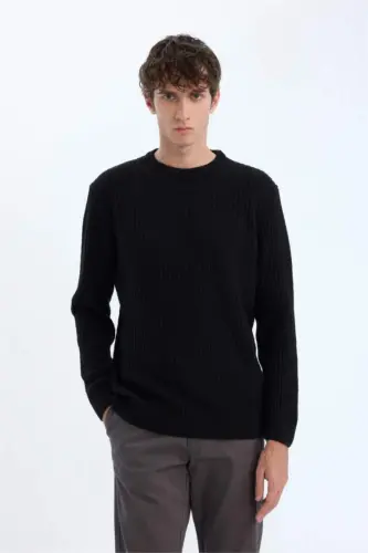 Standard Fit Crewneck Textured Knit Sweater Black - 3