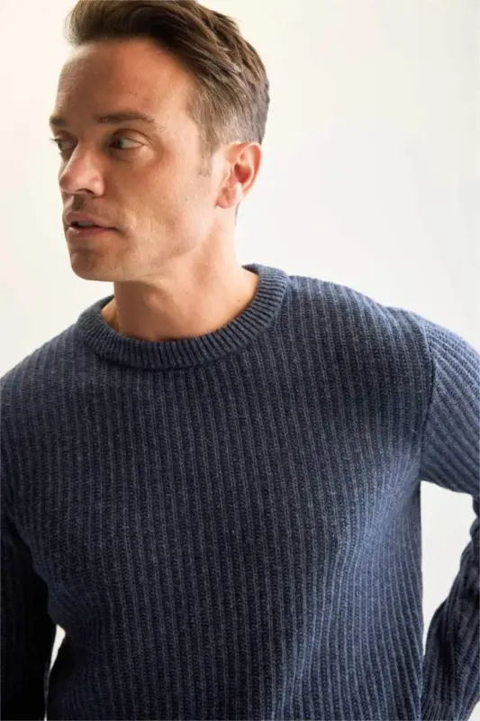 Standard Fit Cycling Collar Textured Knit Sweater Light Indigo - 4