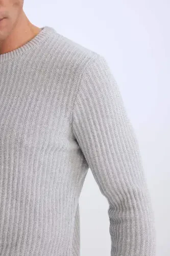 Standard Fit Cycling Neck Textured Knitwear Light Grey Melange - DEFACTO (1)
