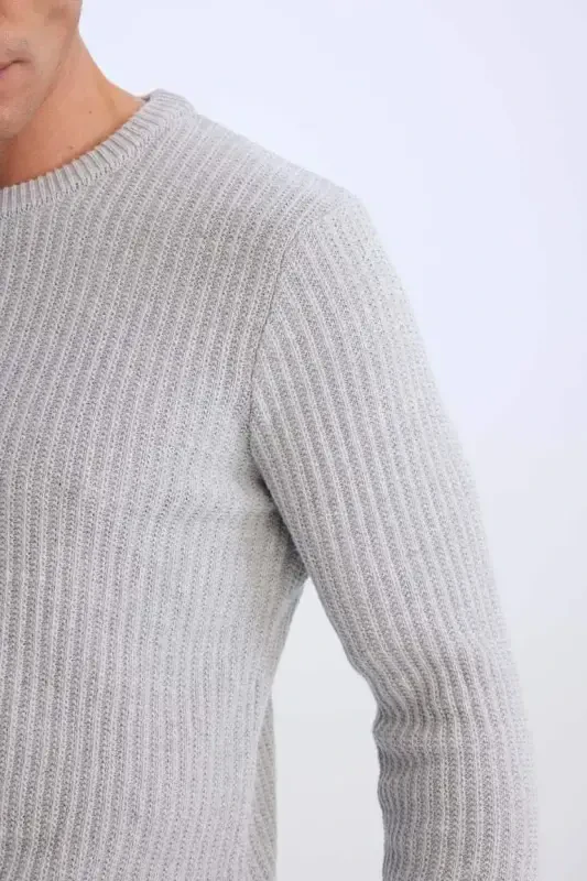 Standard Fit Cycling Neck Textured Knitwear Light Grey Melange - 2