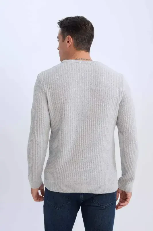 Standard Fit Cycling Neck Textured Knitwear Light Grey Melange - 3