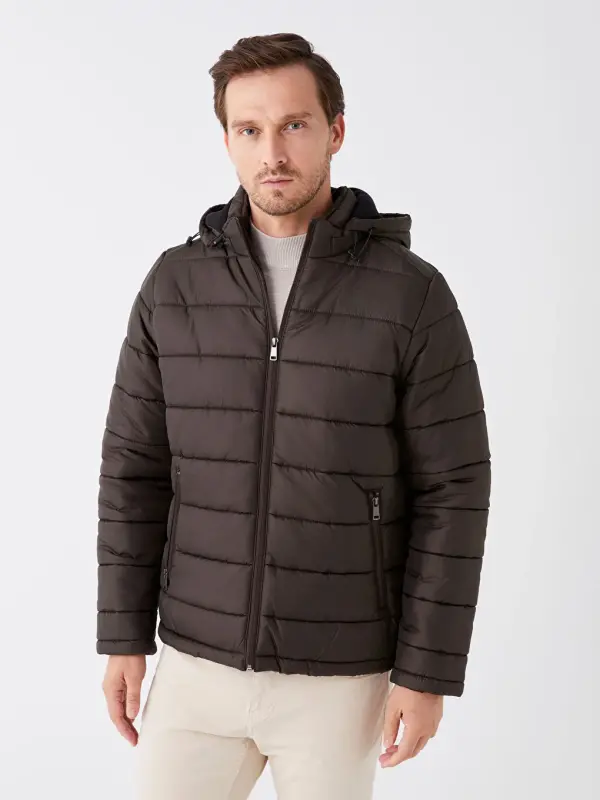 Standard Fit Hooded Men's Puffer Jacket-Khaki - 1