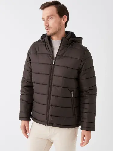 Standard Fit Hooded Men's Puffer Jacket-Khaki - 2