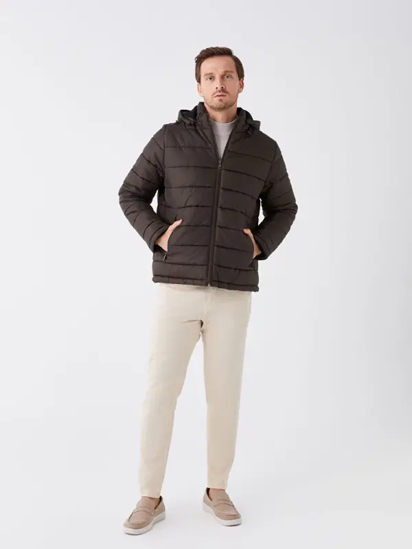 Standard Fit Hooded Men's Puffer Jacket-Khaki - 3
