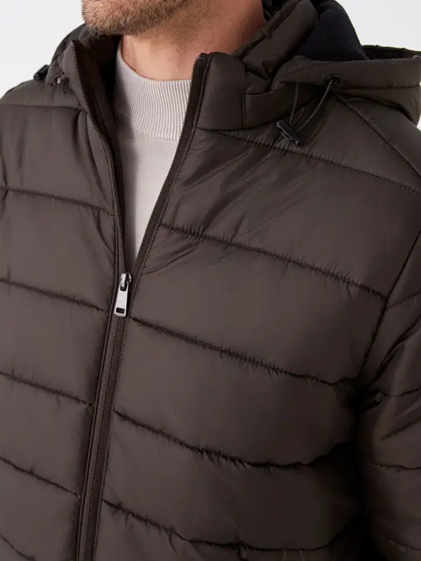 Standard Fit Hooded Men's Puffer Jacket-Khaki - 4