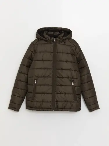 Standard Fit Hooded Men's Puffer Jacket-Khaki - 7