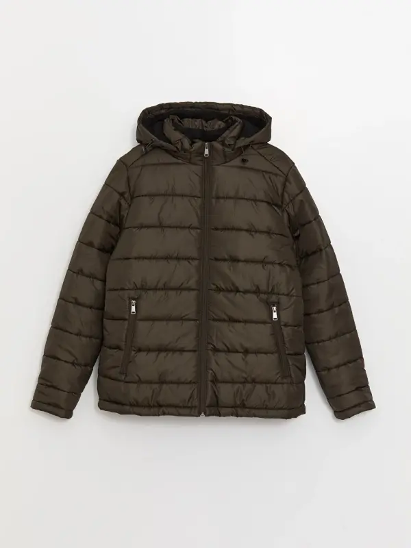 Standard Fit Hooded Men's Puffer Jacket-Khaki - 7