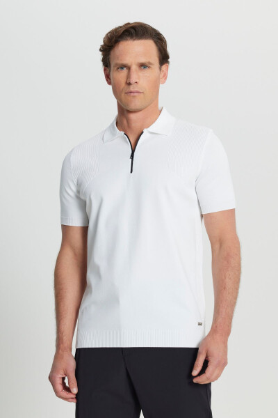 Standard Fit Regular Cut Polo Collar Jacquard Knit T-Shirt - MODAZONE