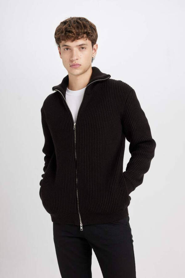 Standard Fit Regular Cut Stand Collar Zip-Up Hoodie Coffee - 4