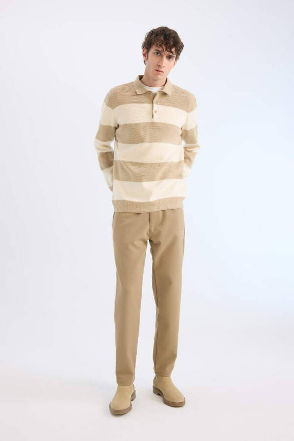 Standard Fit Regular Cut Striped Polo Collar Sweater Beige - 1