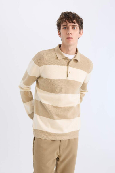 Standard Fit Regular Cut Striped Polo Collar Sweater Beige - 2