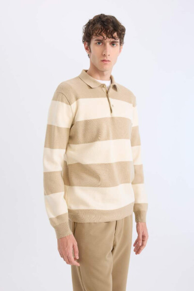 Standard Fit Regular Cut Striped Polo Collar Sweater Beige - 3