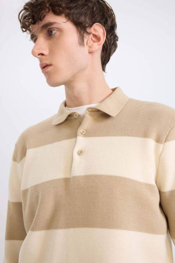 Standard Fit Regular Cut Striped Polo Collar Sweater Beige - 4