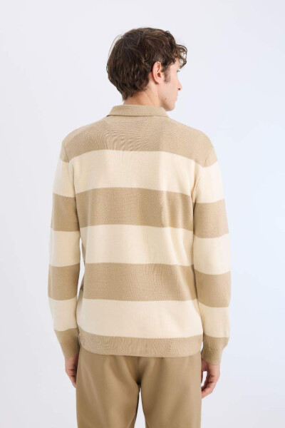 Standard Fit Regular Cut Striped Polo Collar Sweater Beige - 5