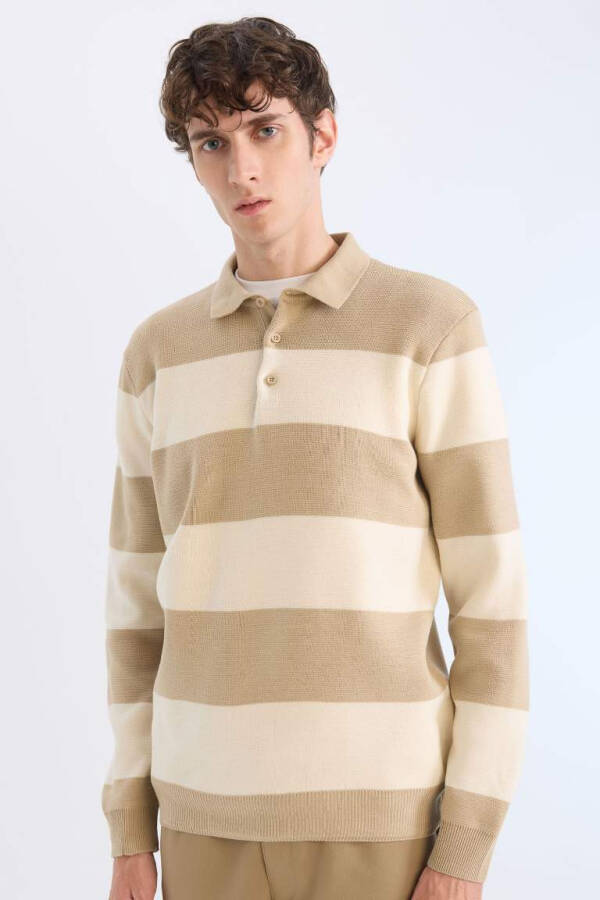 Standard Fit Regular Cut Striped Polo Collar Sweater Beige - 6