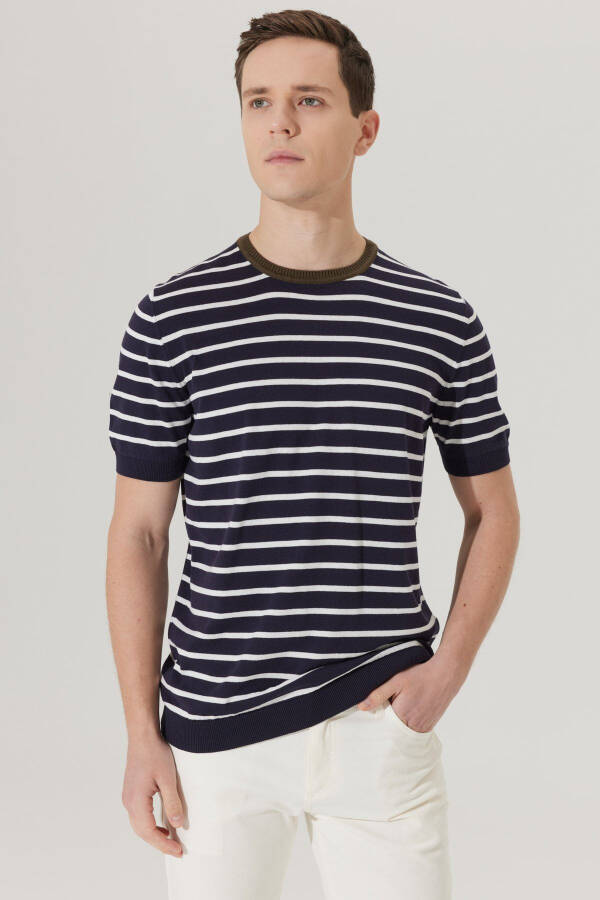Standard Fit Regular Fit Crew Neck 100% Cotton Striped Knitted T-Shirt - 7