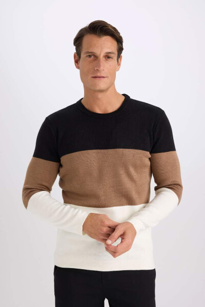 Standard Fit Striped Crewneck Sweater (Camel) - 4