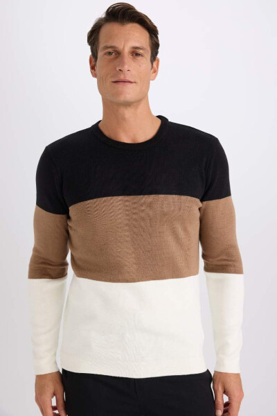 Standard Fit Striped Crewneck Sweater (Camel) - 5