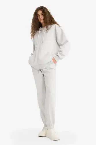 Standard Fit Thick Jogger Sweatpants Elastic Waist and Hems Basic Plain Long Length-Gray Melange - DEFACTO (1)