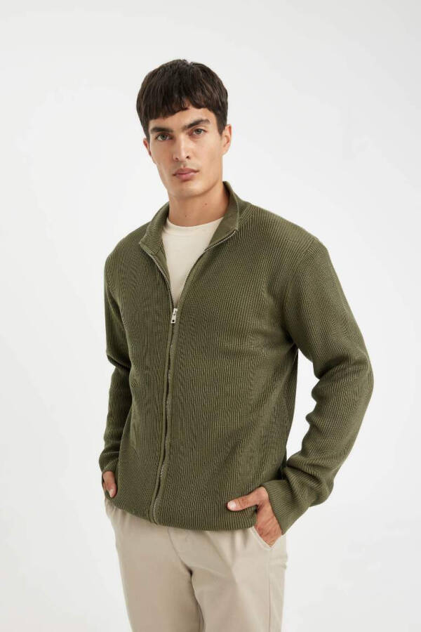 Standard Fit Zip Up Stand Collar Hoodie Khaki - 1