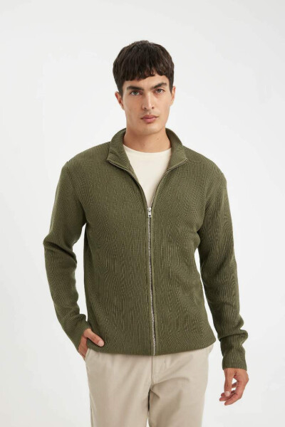 Standard Fit Zip Up Stand Collar Hoodie Khaki - 3