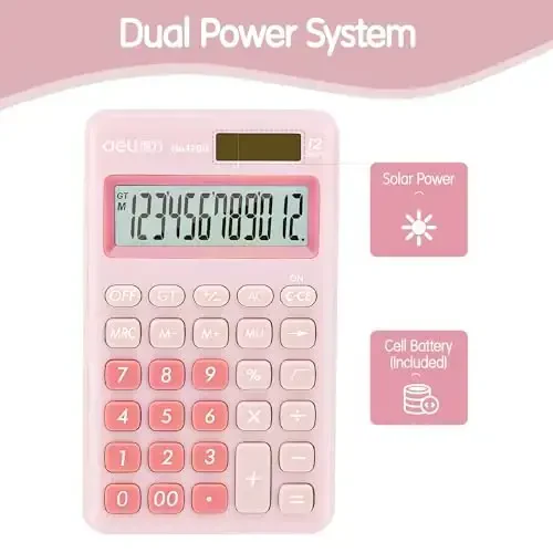 Standard Function Basic Calculator, 12 Digit Desktop Calculator with Large LCD Display, Solar Battery Dual Power Office Calculator, Pink - 6