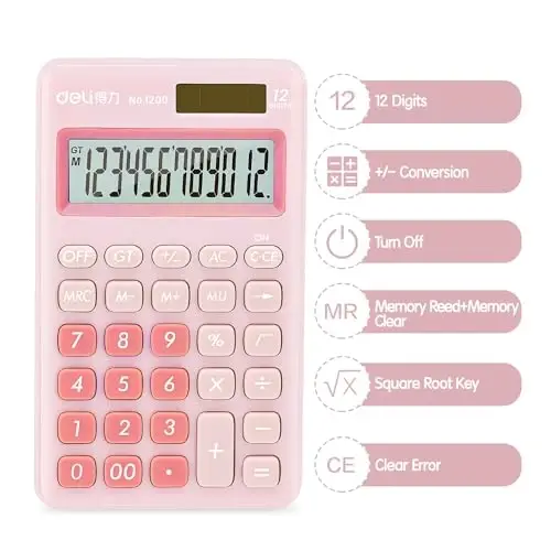 Standard Function Basic Calculator, 12 Digit Desktop Calculator with Large LCD Display, Solar Battery Dual Power Office Calculator, Pink - 4