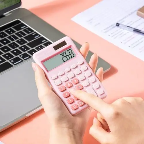 Standard Function Basic Calculator, 12 Digit Desktop Calculator with Large LCD Display, Solar Battery Dual Power Office Calculator, Pink - DELI (1)