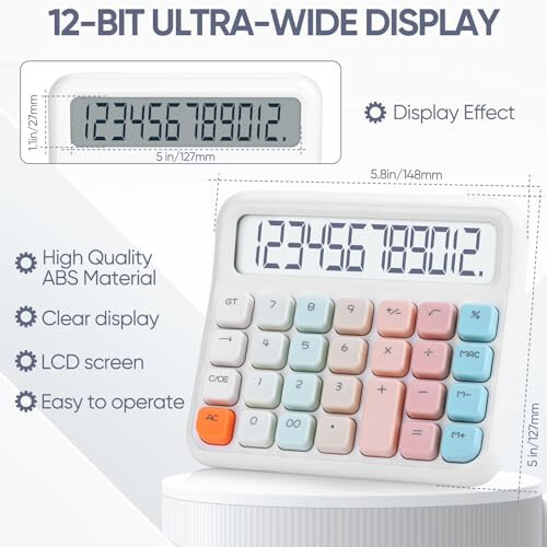 Standard Function Desktop Calculator, Powered by Batteries (Included), 12 Digit Large LCD Display, Big Buttons Easy to Press, Automatic Sleep, for Office, School, Home. (White) - 2