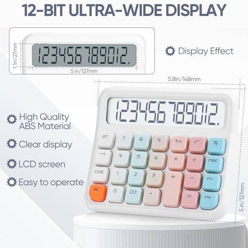 Standard Function Desktop Calculator, Powered by Batteries (Included), 12 Digit Large LCD Display, Big Buttons Easy to Press, Automatic Sleep, for Office, School, Home. (White) - 2