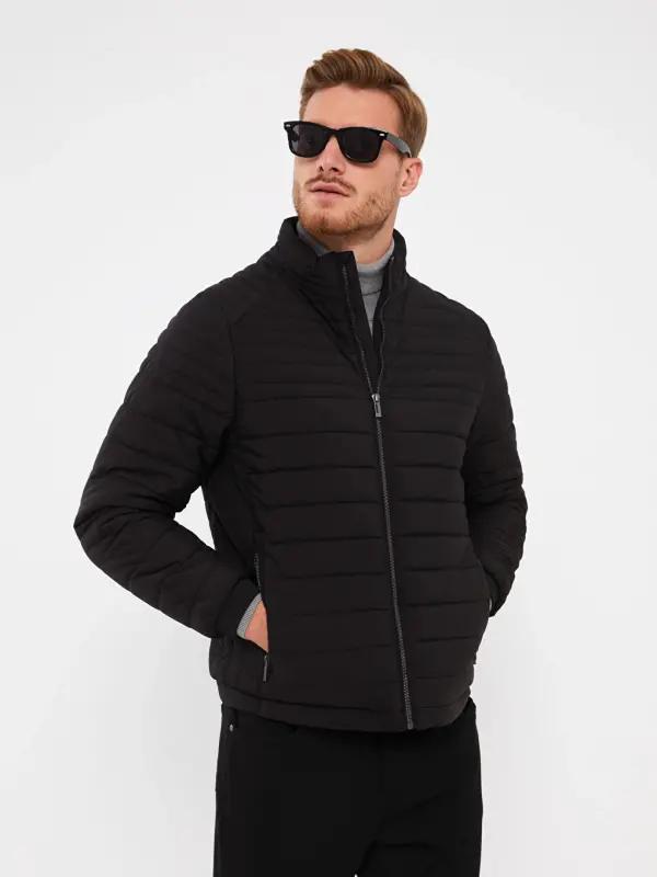 Standard Mold Stand-Up Collar Men's Padded Jacket-Black - 2