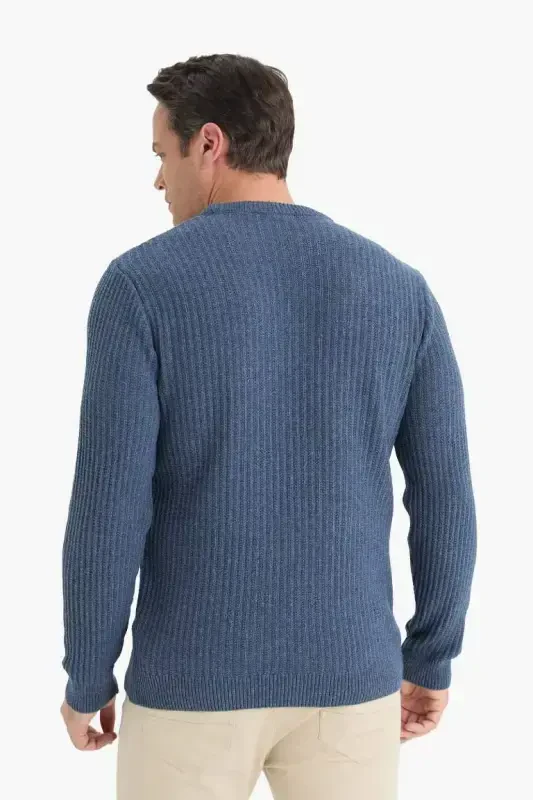 Standart Fit Bisiklet Yaka Dokulu Triko Kazak-Açık İndigo - 6