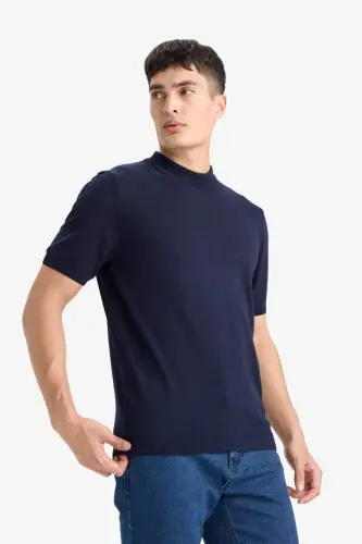 Standart Fıt Bisiklet Yaka Triko Kısa Kollu Tişört-Lacivert - 6
