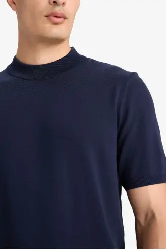 Standart Fıt Bisiklet Yaka Triko Kısa Kollu Tişört-Lacivert - 7