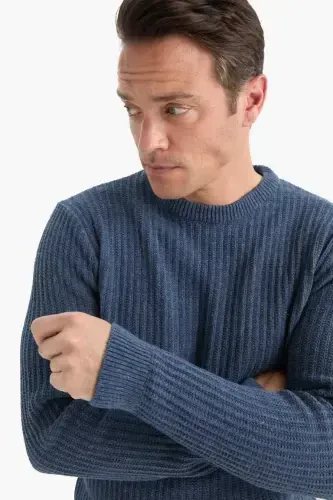 Standart Fit Bisiklet Yoqli Dokulu Triko Kozok Ochiq Indigo - 4