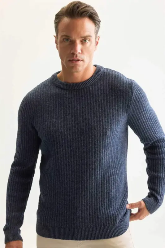 Standart Fit Bisiklet Yoqli Dokulu Triko Kozok Ochiq Indigo - 1
